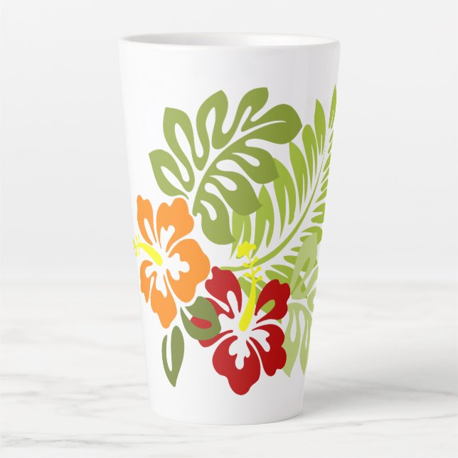 Caneca De Café Latte Flor Tropical Deixa Hibiscus Hawaii Vermelho Laran (Frente)