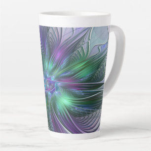 Caneca De Café Latte Flor Verde Roxo Moderna Abstrato de Arte Fractal