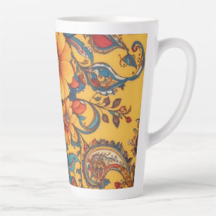 Caneca De Café Latte Floral Amarelo e Paisley