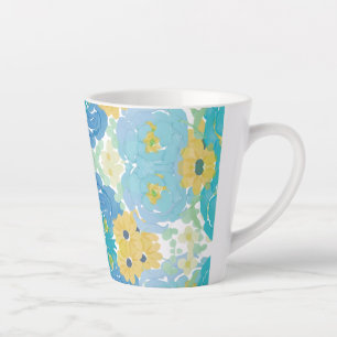 Caneca De Café Latte Floral Aquarela Azul e Amarelo