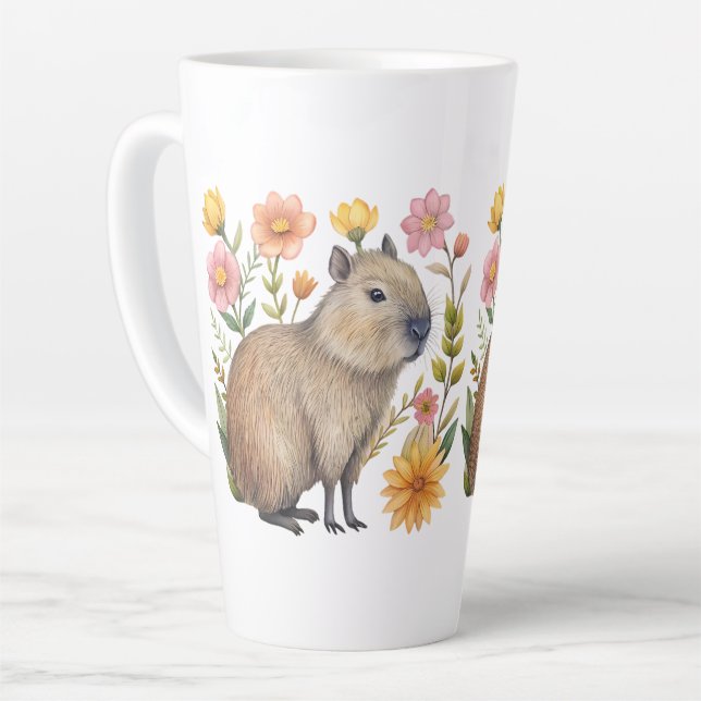 Caneca De Café Latte Floral Capybara (Ângulo esquerdo)