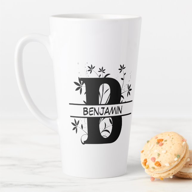 Caneca De Café Latte Floral - Dividir Monograma Personalizado de Alfabe (In Situ)