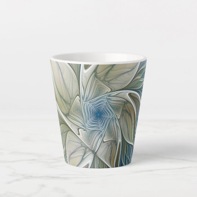 Caneca De Café Latte Floral Dream Pattern Abstrato Blue Khaki Fractal (Frente)