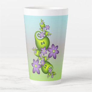 Caneca De Café Latte Floral Fantasy Lilac Flores Verde Formas Fractais