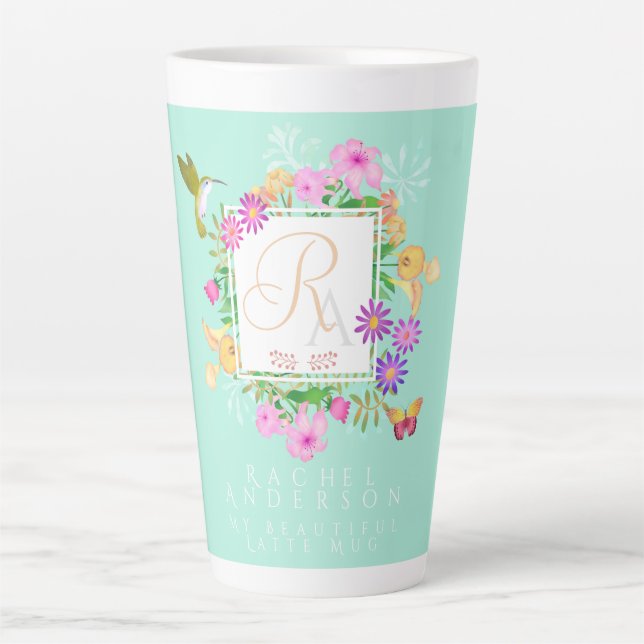 Caneca De Café Latte Floral Garden Aqua Latte (Frente)