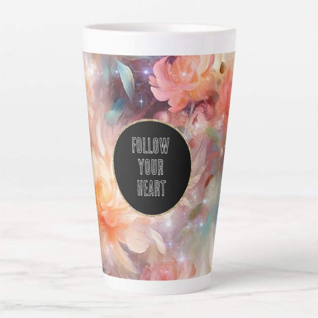 Caneca De Café Latte Floral Laranja de Pêssego rosa (Frente)