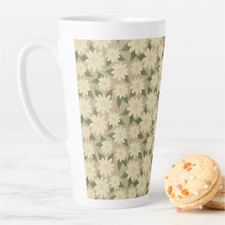 Caneca De Café Latte Floral Margarida Vintage em Verde Salvia e Creme