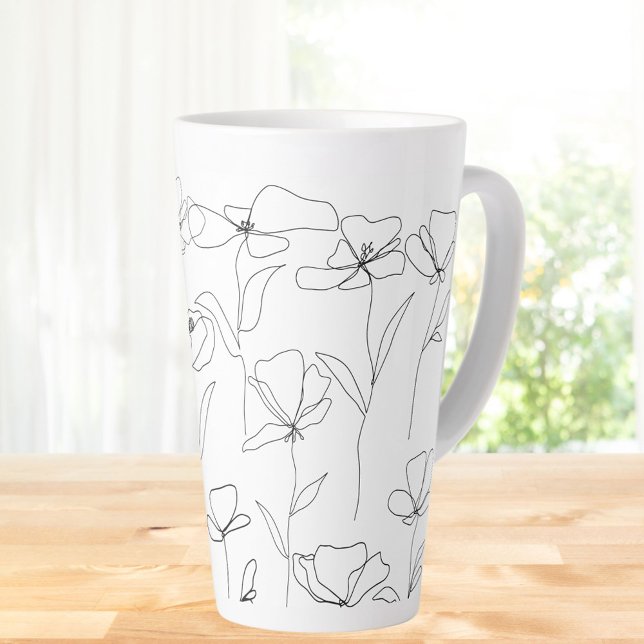 Caneca De Café Latte Floral Mínimo Preto e Branco de Flor Selvagem (In situ Kitchen table)