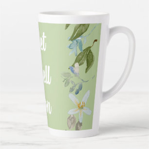 Caneca De Café Latte Floral Obtenha Saudações Bem Em Breve Anúncio Post