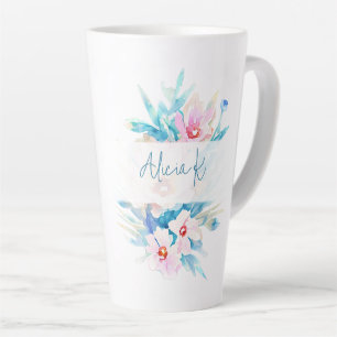 Caneca De Café Latte Floral personalizado em aquarela rosa e azul