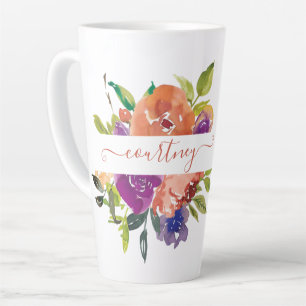 Caneca De Café Latte Floral personalizado em aquarela roxa e laranja 