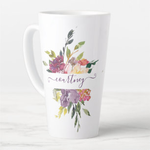 Caneca De Café Latte Floral personalizado em aquarela roxa e vermelha