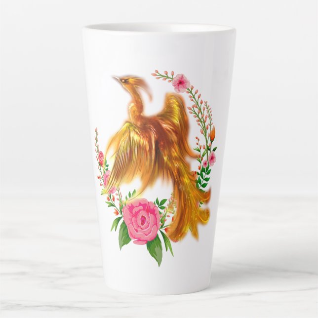 Caneca De Café Latte Floral Phoenix Nasce Da Fiery Ashes Fantasy (Frente)
