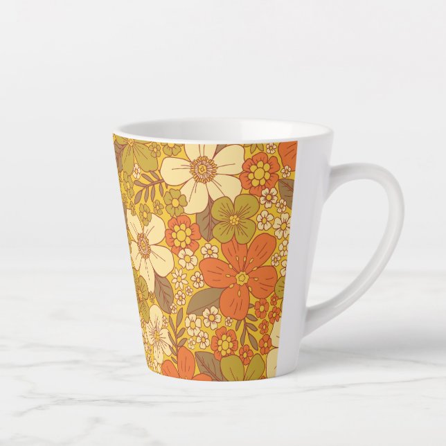Caneca De Café Latte Floral Verde Laranja e Verde Oleícola, Retro 60/70 (Direita)