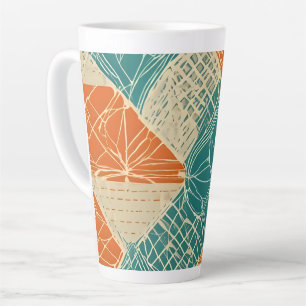 Caneca De Café Latte Flores Abstratas Verde-azulado, Laranja e Bege