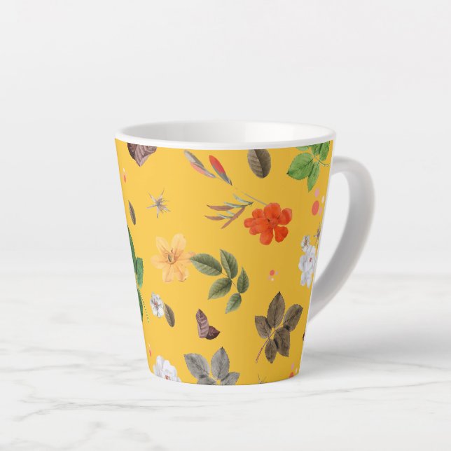 Caneca De Café Latte Flores Amarelas e Rosas Brancas 10 (Ângulo direito)