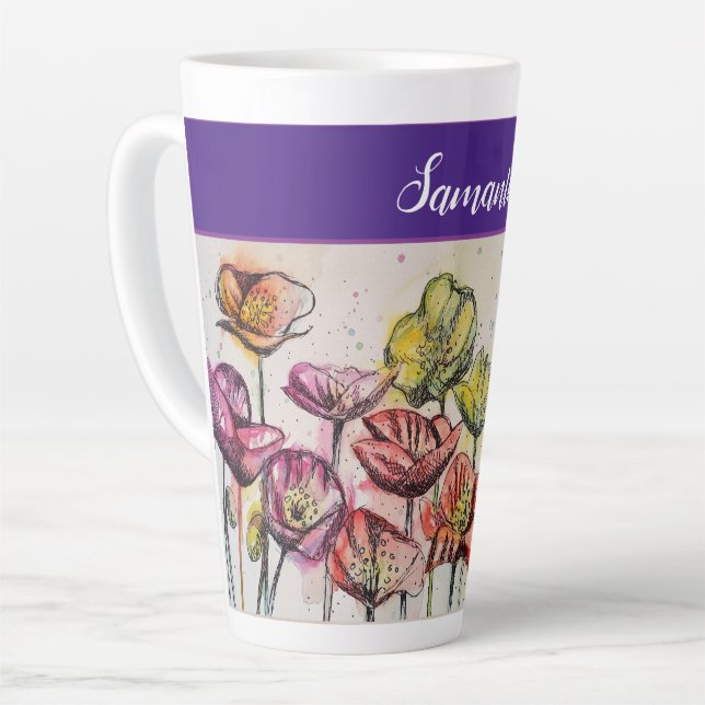 Caneca De Café Latte Flores Amarelas Vermelhas Flores (Ângulo esquerdo)