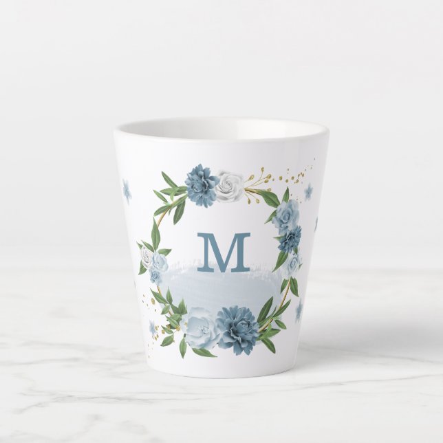 Caneca De Café Latte flores azuis bonitas verdejante  (Frente)