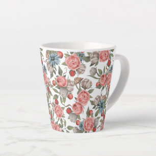 Caneca De Café Latte Flores Azuis e Rosa