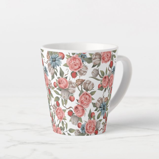 Caneca De Café Latte Flores Azuis e Rosa (Ângulo direito)