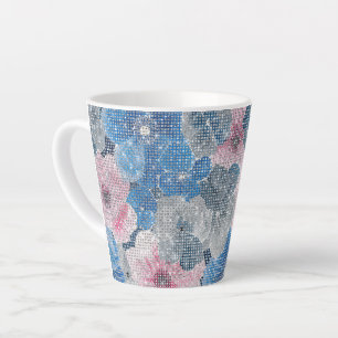 Caneca De Café Latte Flores Azuis Rosa Brilham
