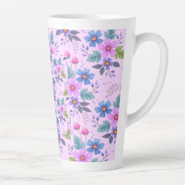 Caneca De Café Latte Flores Azuis-Rosa-Flor Violeta Padrão-36841 (Direita)