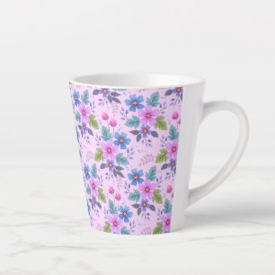Caneca De Café Latte Flores Azuis-Rosa-Flor Violeta Padrão-36841