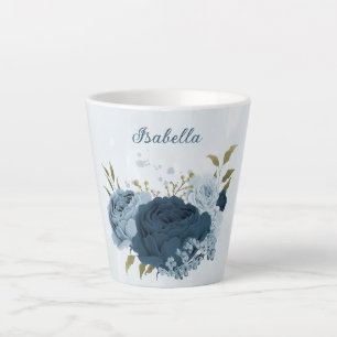 Caneca De Café Latte flores azul marinho claro