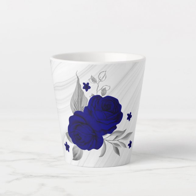 Caneca De Café Latte flores azul royal folhas de prata mármore (Frente)