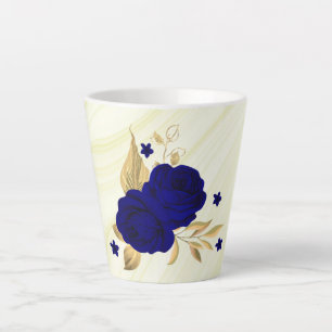 Caneca De Café Latte flores azul royal folhas douradas mármore