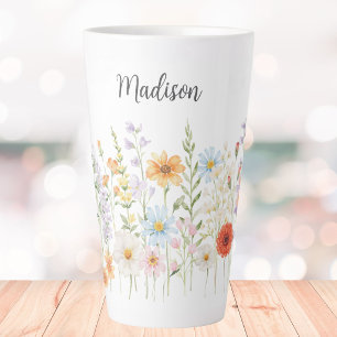 Caneca De Café Latte Flores Botânicas Florais Selvagens em Aquarela Mon
