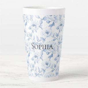 Caneca De Café Latte Flores brancas azuis Bonito chic