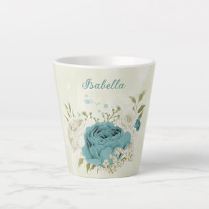 Caneca De Café Latte flores brancas azuis folhagem verde