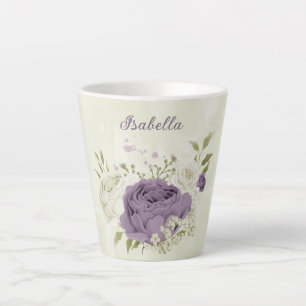 Caneca De Café Latte flores brancas cor de malva folhagem 