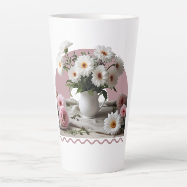 Caneca De Café Latte Flores brancas e rosa (Frente)