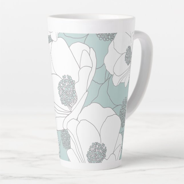 Caneca De Café Latte Flores Brancas em Aqua (Ângulo direito)