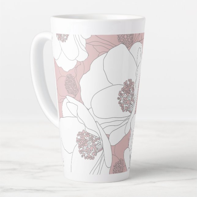 Caneca De Café Latte Flores brancas em rosa claro (Ângulo esquerdo)