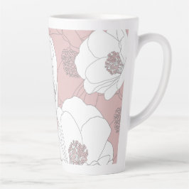 Caneca De Café Latte Flores brancas em rosa claro