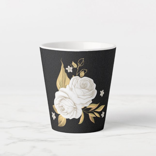 Caneca De Café Latte flores brancas folhas douradas pretas (Frente)