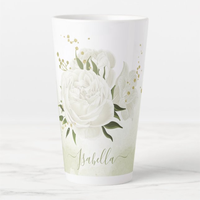 Caneca De Café Latte flores brancas românticas com folhas verdes bonito (Frente)