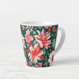 Caneca De Café Latte Flores Brancas Vibrantes, Vermelhas Rosa e Delicad