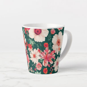 Caneca De Café Latte Flores Brancas Vibrantes, Vermelhas Rosa e Delicad