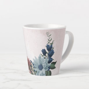 Caneca De Café Latte Flores cor-de-rosa azuis românticas folhagens