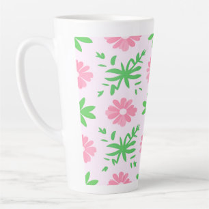 Caneca De Café Latte Flores cor-de-rosa e folhas verdes têm um padrão s