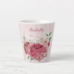 Caneca De Café Latte flores cor-de-rosa folhas verdes