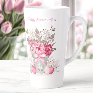 Caneca De Café Latte Flores cor-de-rosa Páscoa Nome Personalizado