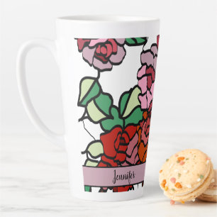 Caneca De Café Latte Flores Cor-de-rosa Vermelha Brilhante e Brilhante