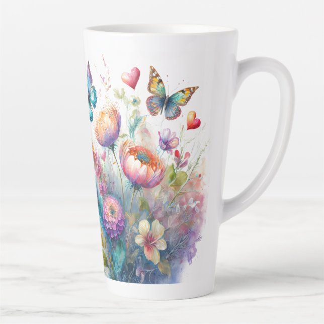 Caneca De Café Latte Flores, corações e borboletas (Direita)