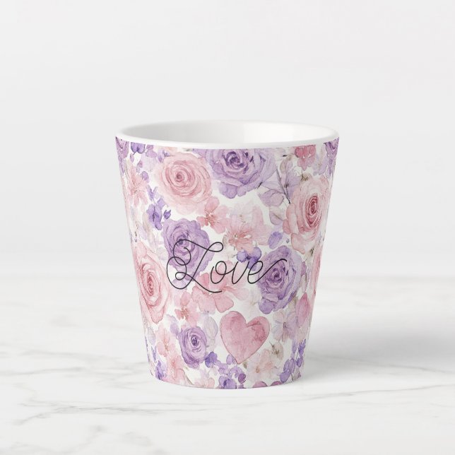 Caneca De Café Latte Flores Corações Rosa Bege Roxo (Frente)