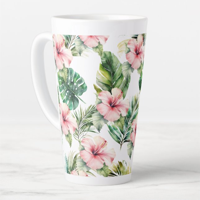 Caneca De Café Latte Flores de Hibisco Rosa Tropicais (Ângulo esquerdo)